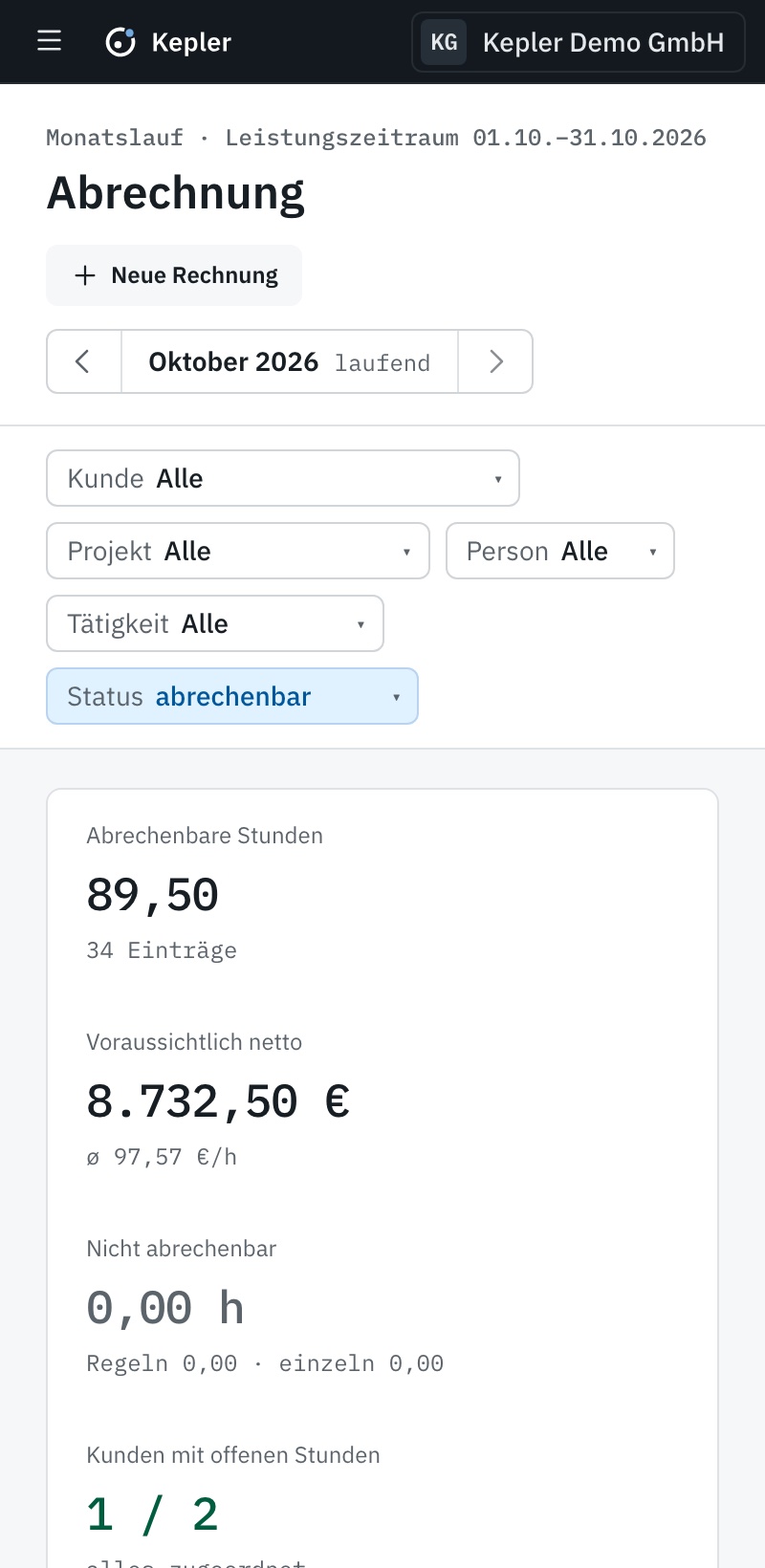 Abrechnung in Kepler auf dem Handy (Demo-Daten)