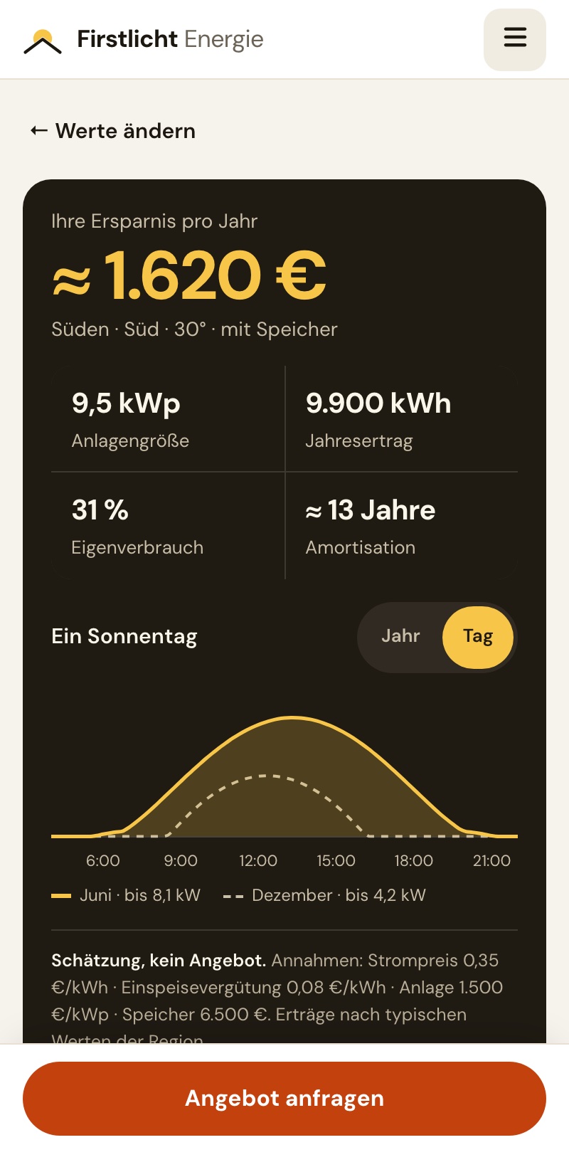 Solarrechner auf dem Handy, Ergebnis (Beispielwerte)