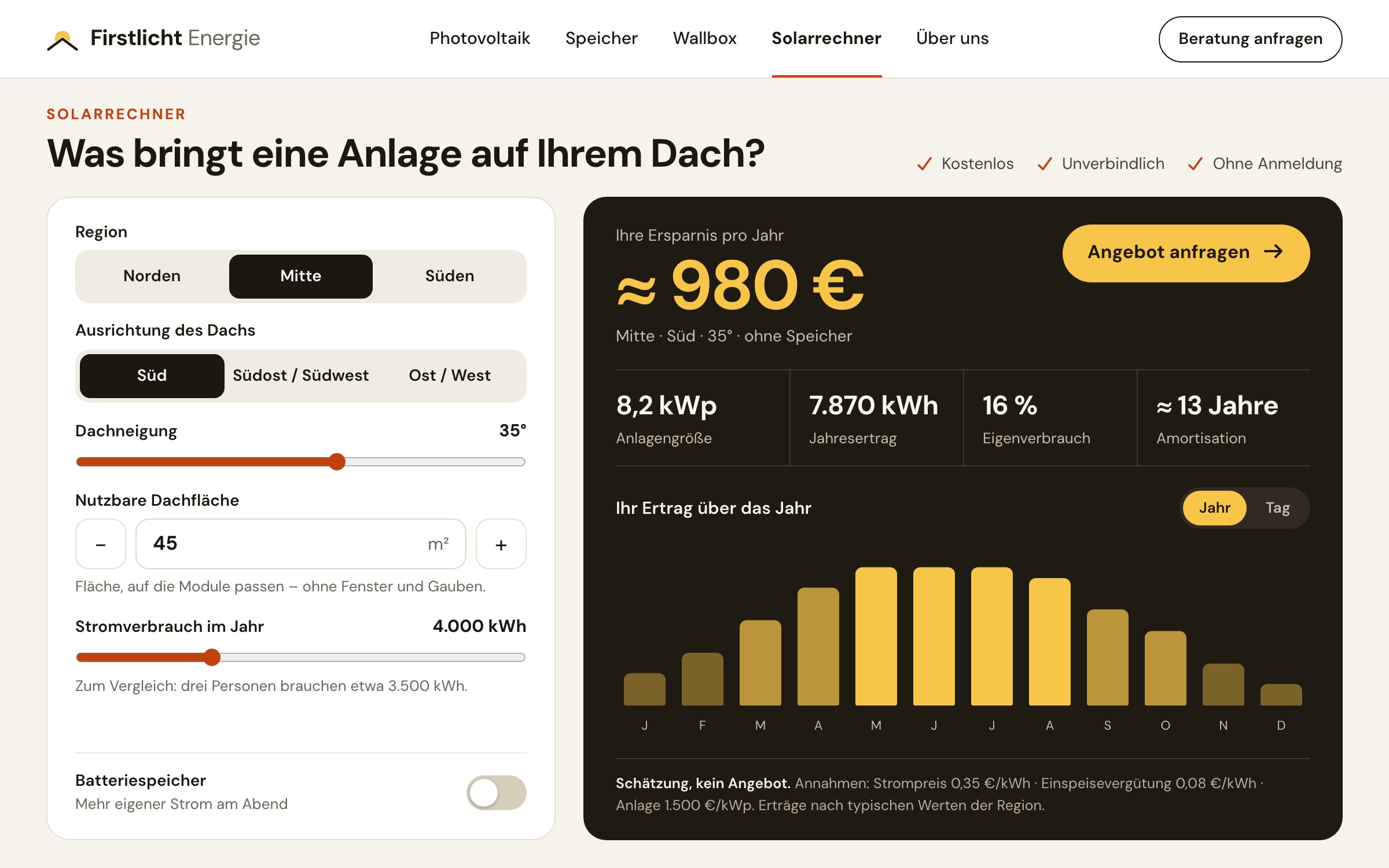 Solarrechner auf der Website des Solaranbieters (Beispielwerte)