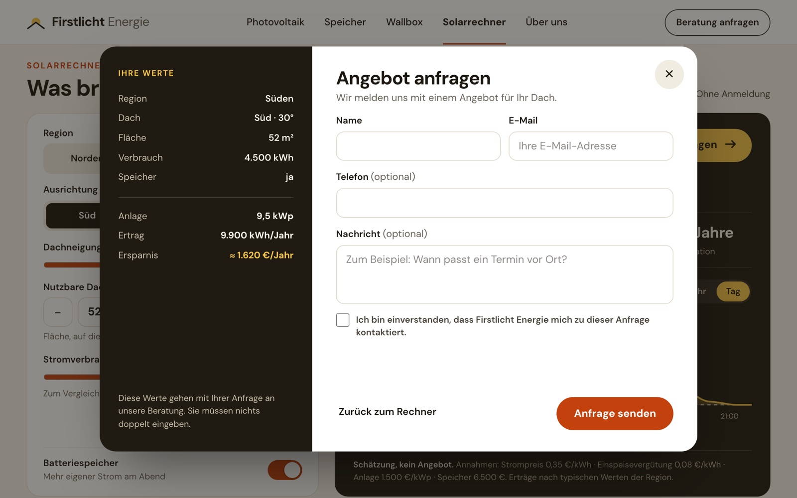 Anfrage-Formular mit den Werten aus dem Rechner (Beispielwerte)