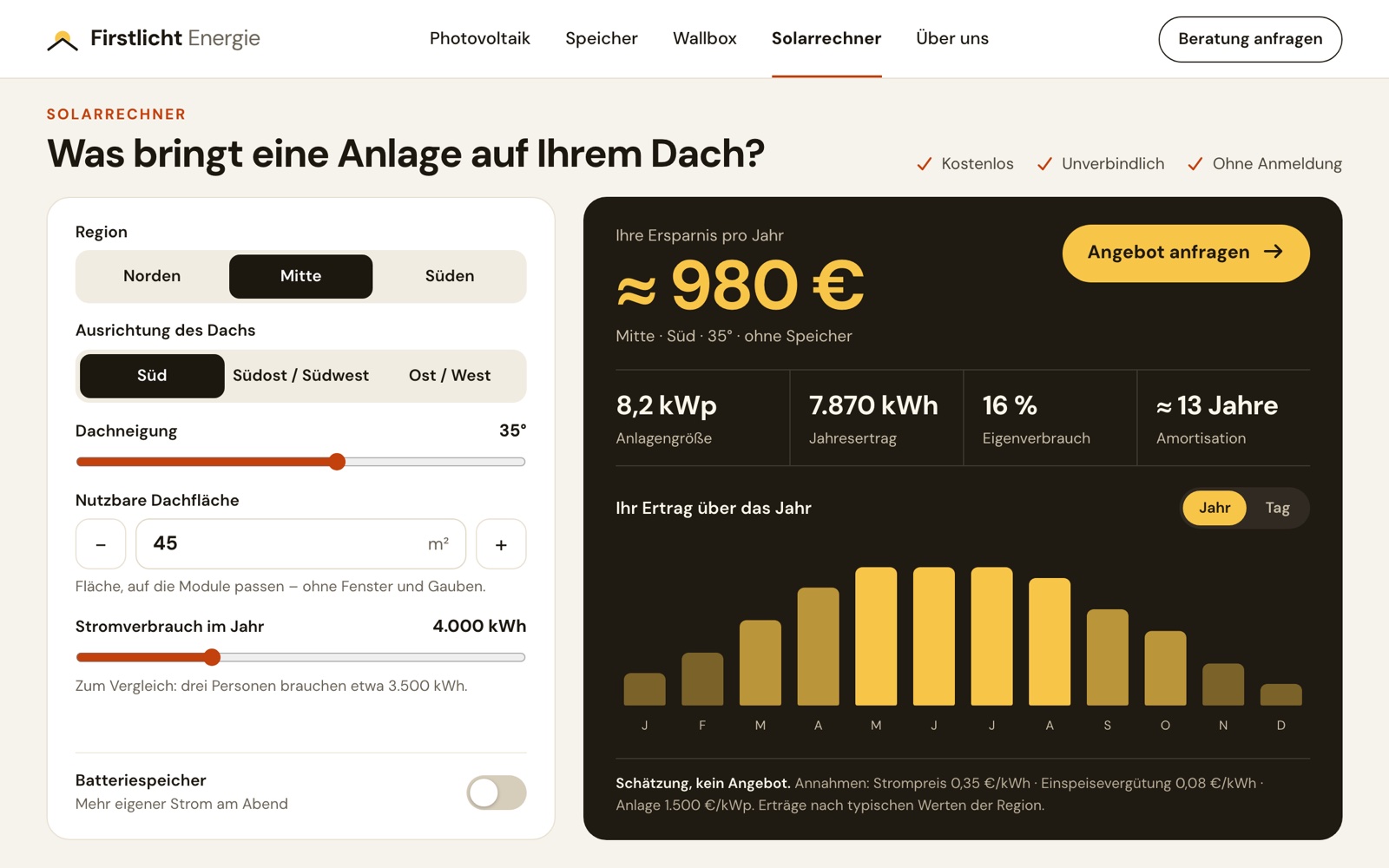 Solarrechner mit Startwerten auf der Website des Anbieters (Beispielwerte)
